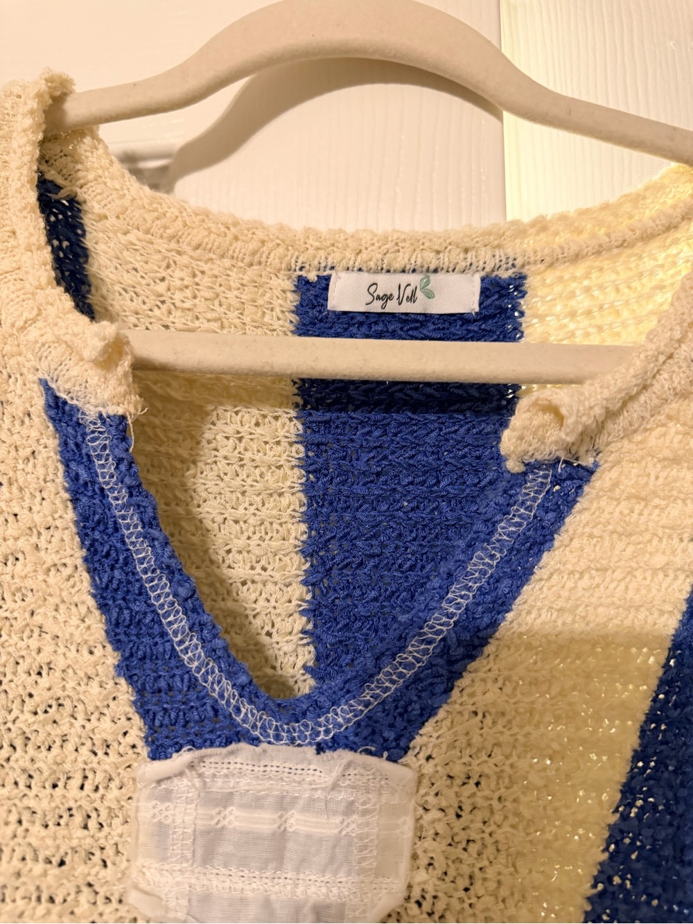 Striped V-Neck Cozy Sweater - Blue & Cream - Picture 2 of 3